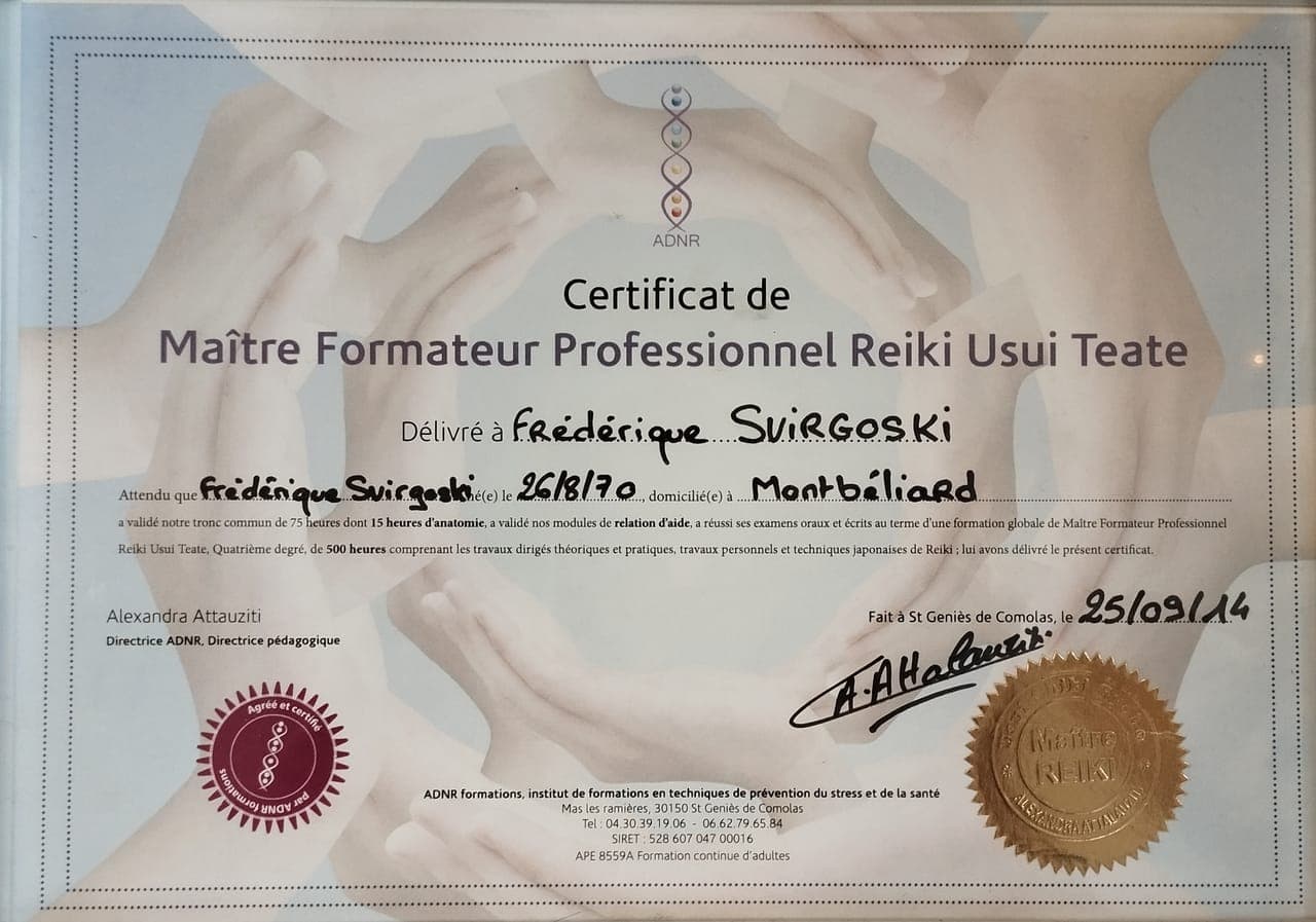 Diplôme Maître Formateur Professionnel Reiki Usui Teate - Fred Concept Store